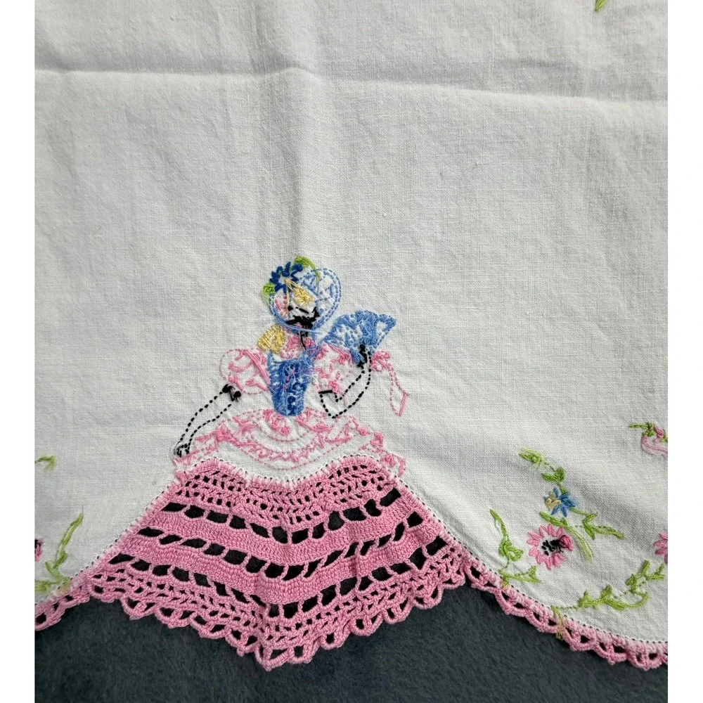 1940's Hand Embroidered Crinoline Lady Table Runner Pink Crochet Lace Trim White